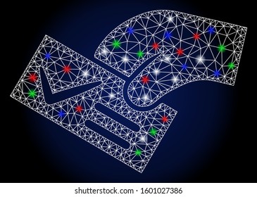 Flare white mesh smart vote with lightspot effect. Abstract illuminated model of smart vote. Shiny wire frame triangular network smart vote icon. Vector abstraction on a dark blue gradient background.