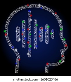 Flare white mesh sound thinking with glow effect. Abstract illuminated model of sound thinking. Shiny wire frame polygonal network sound thinking icon.