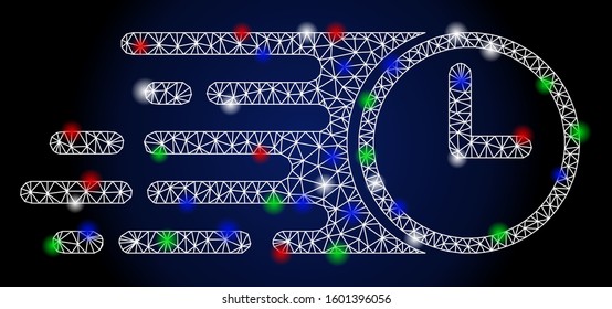 Flare white mesh speed time with glitter effect. Abstract illuminated model of speed time. Shiny wire carcass polygonal mesh speed time icon. Vector abstraction on a dark blue gradient background.