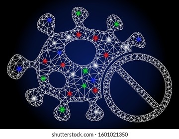 Flare white mesh stop infection with sparkle effect. Abstract illuminated model of stop infection. Shiny wire carcass polygonal network stop infection icon.