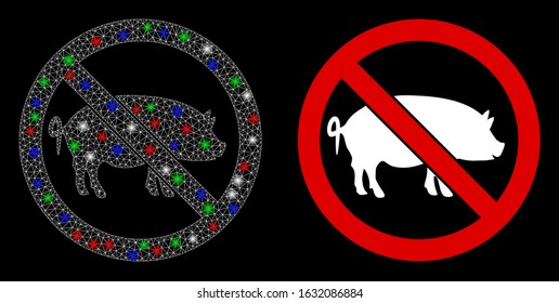 Flare white mesh stop pig with glare effect. Abstract illuminated model of stop pig. Shiny wire frame triangular mesh stop pig icon on a black background. Vector 2d mesh built from triangular lines,