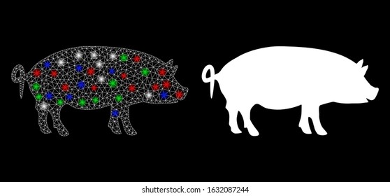 Flare white mesh swine with lightspot effect. Abstract illuminated model of swine. Shiny wire carcass triangular mesh swine icon on a black background. Vector 2d mesh built from triangular lines,