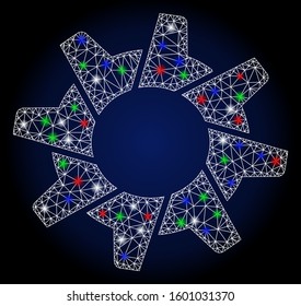Flare white mesh tooth gear with glitter effect. Abstract illuminated model of tooth gear. Shiny wire carcass polygonal mesh tooth gear icon. Vector abstraction on a dark blue gradient background.