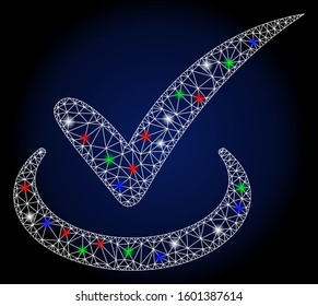Flare white mesh true with sparkle effect. Abstract illuminated model of true. Shiny wire frame triangular mesh true icon. Vector abstraction on a dark blue gradient background.