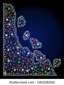 Flare white mesh unstable stones with lightspot effect. Abstract illuminated model of unstable stones. Shiny wire frame triangular mesh unstable stones icon.