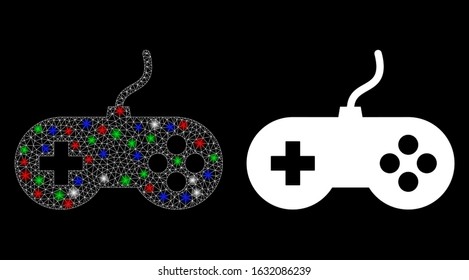 Flare white mesh video games with lightspot effect. Abstract illuminated model of video games. Shiny wire carcass polygonal mesh video games icon on a black background.