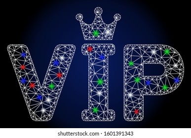 Flare white mesh VIP with sparkle effect. Abstract illuminated model of VIP. Shiny wire frame polygonal mesh VIP icon. Vector abstraction on a dark blue gradient background.