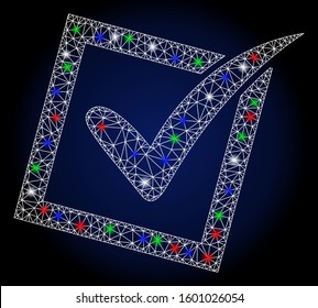 Flare white mesh yes poll with sparkle effect. Abstract illuminated model of yes poll. Shiny wire frame triangular mesh yes poll icon. Vector abstraction on a dark blue gradient background.