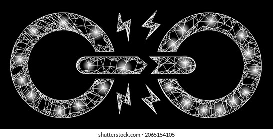 Enlace de cadena rota con el marco de alambre con manchas de luz. Marco vectorial basado en el icono de enlace de cadena rota y con líneas cruzadas. El eslabón de la cadena rota de malla de la canal brillante sobre un fondo negro.