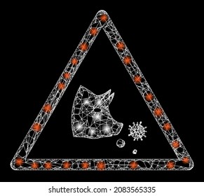 Aviso de gripe porcina con marco de alambre con focos brillantes. Cáscaras vectoras basadas en el icono de advertencia de la gripe porcina, y con líneas cruzadas. Alerta de gripe porcina en malla de marco de cardenales en un fondo negro.