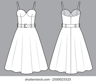 Vestido acampanado con boceto técnico bustier