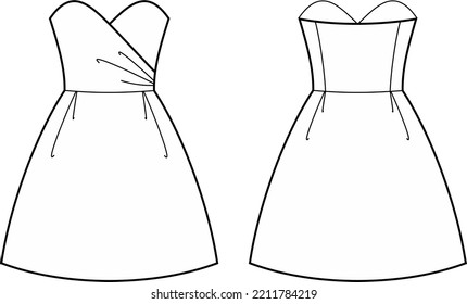 Flared dress set flat sketch. Evening gown apparel design. Front back. Women CAD mockup. Fashion technical drawing template. Vector illustration. 