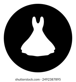 A flared dress symbol in the center. Isolated white symbol in black circle. Vector illustration on white background