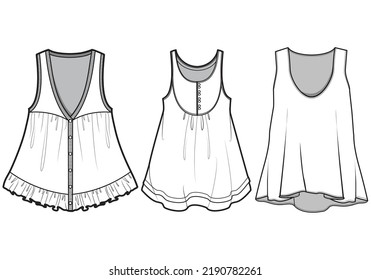 Flared Hem Tank Top Blouse Set, Maternity Sleeveless Blouse Set, Camisole Top Set  Fashion Illustration, Vector, CAD, Technical Drawing, Flat Drawing, Template, Mockup.