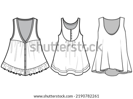 Flared Hem Tank Top Blouse Set, Maternity Sleeveless Blouse Set, Camisole Top Set  Fashion Illustration, Vector, CAD, Technical Drawing, Flat Drawing, Template, Mockup.
