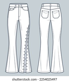 Flared Jeans Pants technical fashion illustration. Lace-up Denim Pants fashion flat technical drawing template, flared fit, full length, front and back view, white, women, men, unisex CAD mockup set.