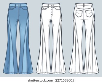 Flared Jeans Pants technical fashion illustration, blue design. Denim Pants fashion technical drawing template, medium waist, full length, front and back view, white, women, men, unisex CAD mockup.