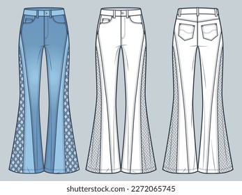 Flared Jeans Pants technische Modegrafik, blaues Design. Cutouts Pants modifizieren flache technische Zeichentabelle, volle Länge, Vorder- und Rückansicht, weiß, Frauen, Männer, unisex CAD-Mockset.