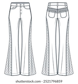 Flared Jeans Pants technical fashion illustration. Cutouts Pants fashion flat technical drawing template, fringe, full length, front and back view, white, women, men, unisex CAD mockup. 