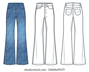 Flared Jeans technical fashion illustration, floral pattern. Denim Pants fashion flat technical drawing template, full length, high waist, front, back view, white, blue, women, men, unisex CAD mockup.