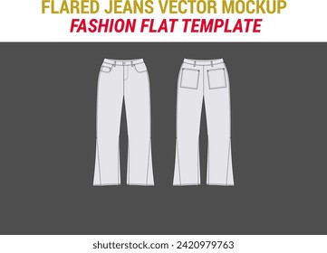 Flared Jeans Vector Mockup Template Flare Jeans Fashion Flat Technical Drawing Vintage Style Jeans Vector Flared Trouser CAD Mockup