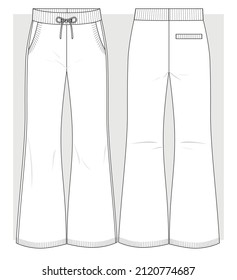 Flared knitted pants with pockets. Technical sketch. Vector illustration.