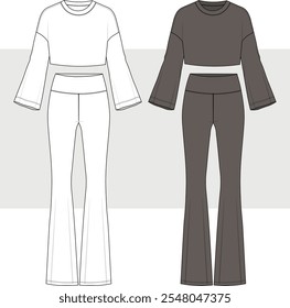 Leggings com freios e corte top set ilustração de moda técnica, design de moda. Esportes Leggings conjunto de ioga, modelo de desenho técnico plano.