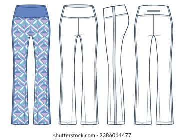 Flared Leggings Pants technical fashion illustration, geometric pattern. Stripes Leggings fashion technical drawing template, front, side, back view, white, violet, women, men, unisex CAD mockup set. 