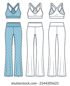 Leggings com garra e Esportes Bra ilustração de moda técnica, padrão houndstooth. Calças, modelo de desenho técnico de moda Top Crop, ajuste fino, vista frontal e traseira, branco, azul, mulheres CAD mockup set