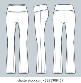 Flared Leggings technical fashion illustration, fashion design. Sports Leggings Pants fashion flat technical drawing template, front, side and back view, white, women, men, unisex CAD mockup set.