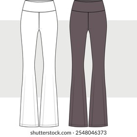 Flared Leggings technical fashion illustration, fashion design. Sports Leggings flat technical drawing template.