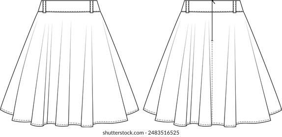 flared a line belted zippered short denim jean skirt template technical drawing flat sketch cad mockup fashion woman design style model 