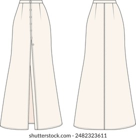 flared a line maxi long skirt with slits template technical drawing flat sketch cad mockup fashion woman