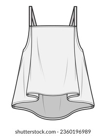 Flared Loose Fit Strappy Cami Top, Slip Top Front and Back View. Fashion Flat Sketch Vector Illustration, CAD, Technical Drawing, Flat Drawing, Template, Mockup.