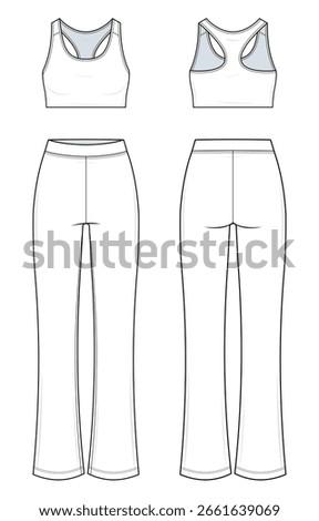 Flared Lounge Set Technical Fashion Illustration. Women’s Cropped Tank Top and Full-Length Flared Pants Vector Template. Comfortable Fit. Casual Loungewear. White Color. CAD Mockup Set.