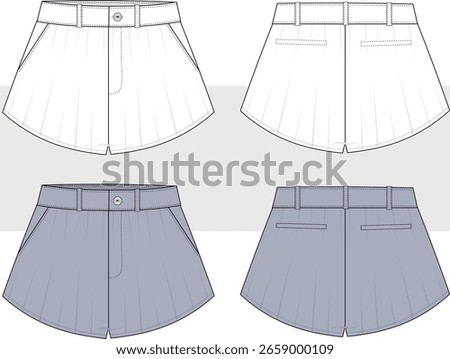 Flared mini shorts fashion technical drawing, illustration. Front and back view. Women and girl shorts vector, flat sketch, Cad, mockup.