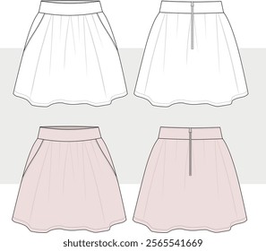 Flared mini Skirt Front and Back View. Fashion Illustration, Vector, CAD, Technical Drawing, Flat Drawing, Template, Mockup.