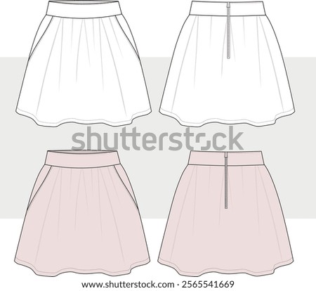 Flared mini Skirt Front and Back View. Fashion Illustration, Vector, CAD, Technical Drawing, Flat Drawing, Template, Mockup.