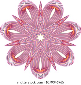 Flared petal guilloche rosette with random color variations including red, purple, blue and yellow lines.