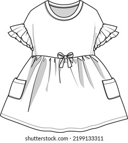 Flared Shirt Dress Flat Sketch Vector Illustration