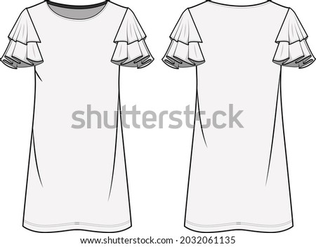Flared Short Sleeve Shift Dress Front and Back View fashion illustration vector, CAD, technical drawing, flat drawing.