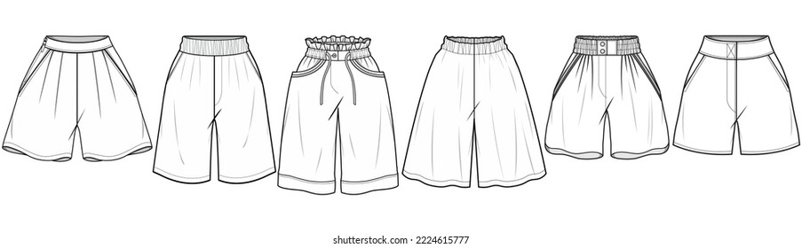 Flared Shorts, Oversize Short, Wide Leg Shorts  Sets Fashion Illustration, Vector, CAD, Technical Drawing, Flat Drawing, Template, Mockup	