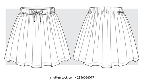 Flared Skirt with elastic waist. Technical sketch.