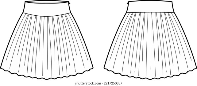 Flared skirt with folds flat sketch. Summer wear apparel design. Front and back. Women CAD mockup. Technical drawing template. Vector illustration.