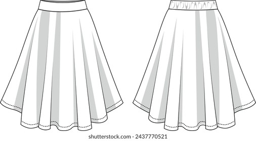 flared skirt technical drawing, fashion CAD, women's bottoms template