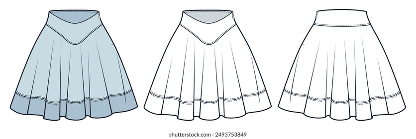 Flared Skirt technical fashion illustration. Mini Skirt fashion flat drawing template, waistband, side zipper, front and back view, white, light blue, women CAD mockup set.    