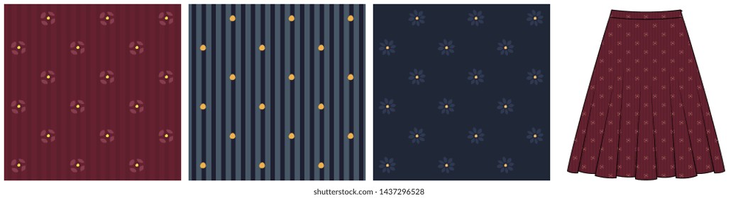 Flared skirt template with fabric swatches. Set of striped and floral patterns in blue, red, yellow for apparel textile, ladies dress, fashion garment. Simple geometric design all over print blocks.