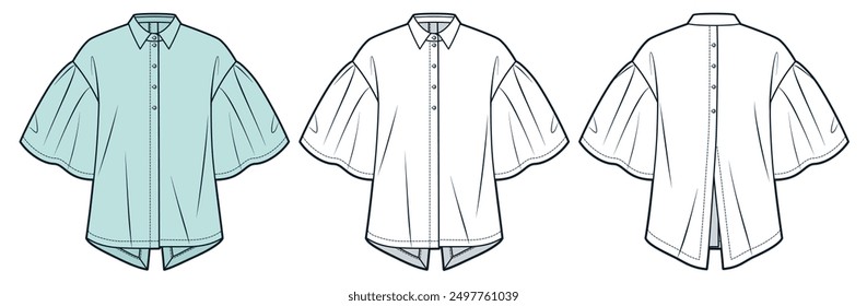 Flared Sleeve Shirt technical fashion Illustration. Blouse fashion technical drawing template, asymmetric bottom, buttons, front, back view, white, blue glass color, women, men, unisex CAD mockup set 