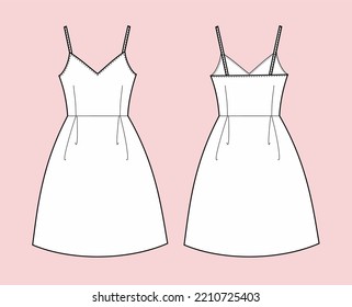 Flared strap dress flat sketch. Summer gown apparel design. Front and back. Women CAD mockup. Fashion technical drawing template. Vector illustration.