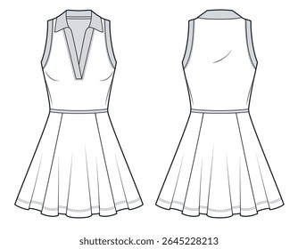 Flared tennis Dress technical fashion illustration. Jersey Polo Dress fashion flat technical drawing template, v neck, fitted, front and back view, mini length, white, women CAD mockup.